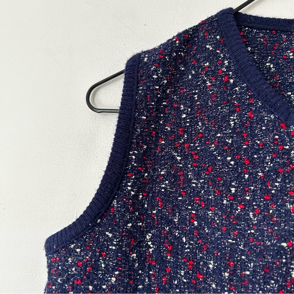 Vintage 60s/70s Confetti Fancy Knit Tunic Vest Sleeveless Navy Blue Open Front M - Picture 4 of 15